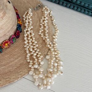 Elegant Three Strand Textured Cream Pearl Necklace! 21” long.
